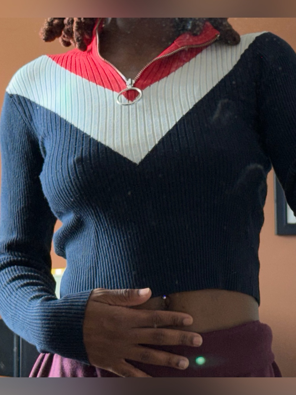 Forever 21 Navy, White & Red Chevron Crop Sweater with Half-Zip